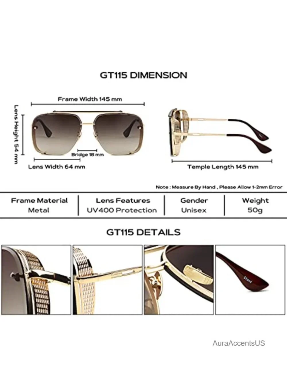 Oversized Square Aviator Sunglasses Metal Side Shield UV400 Retro